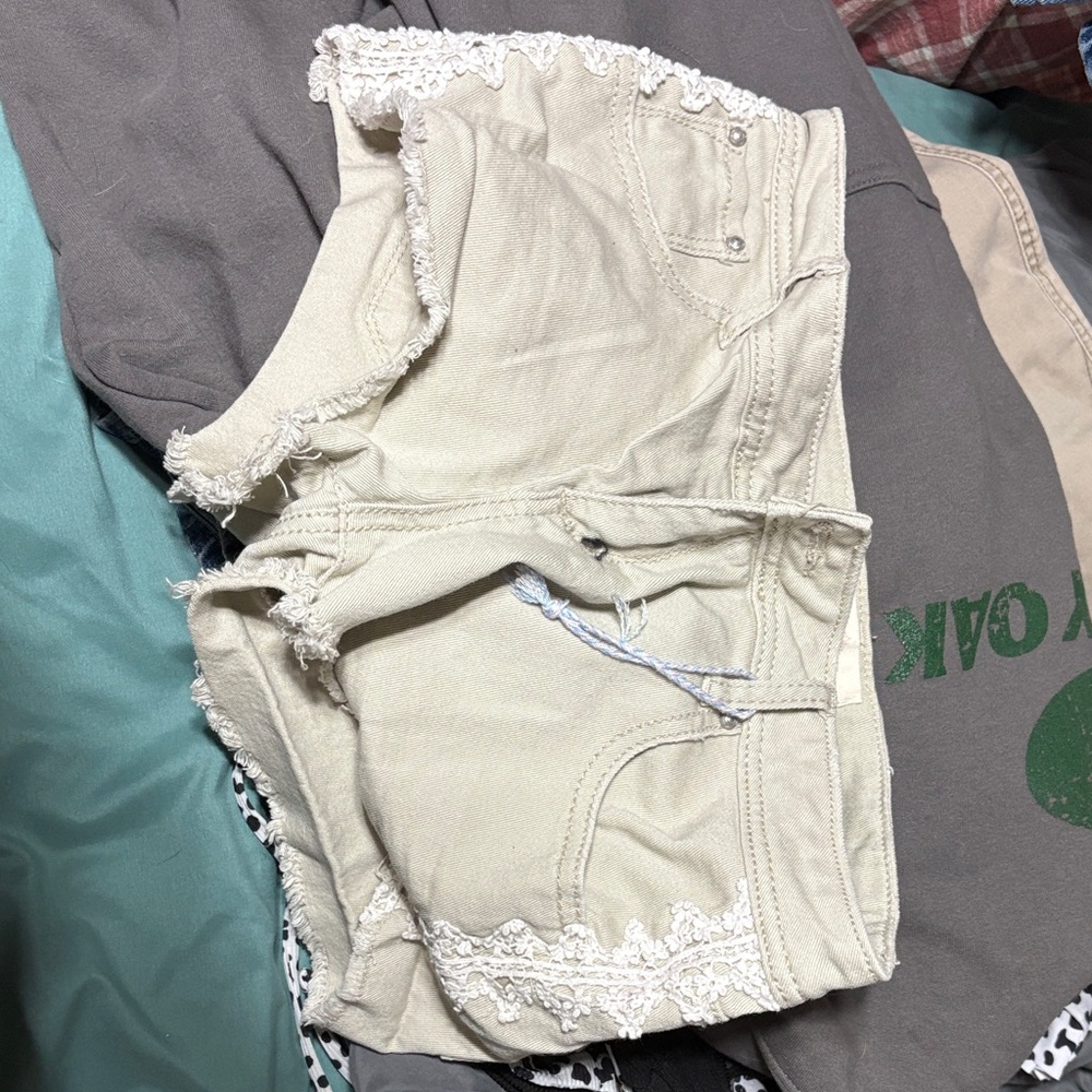 Almost Famous Cream Jean Shorts with Lace Trim